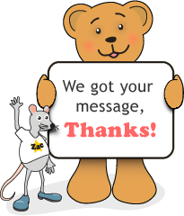 Backpack Bear and Zac the Rat holding thank you sign